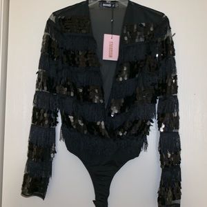 Misguided Festival Black Fringe Body Suit
